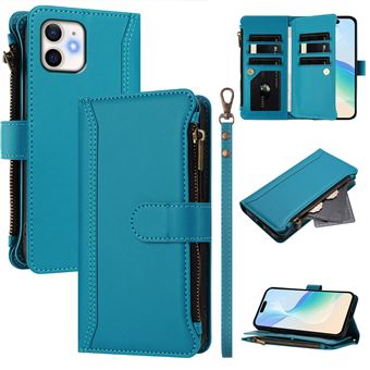 Capa FOXDOCK para iPhone 11 | Pele Premium | 9 Compartimentos para Cartões | Alça de Pulso Amovível - Azul claro - 1