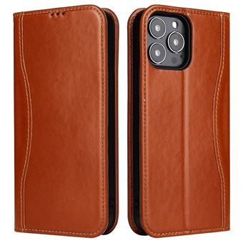 Capa de couro genuíno FIERRE SHANN à prova de queda, fecho magnético com apoio para iPhone 14 Pro Max - Castanho - 1