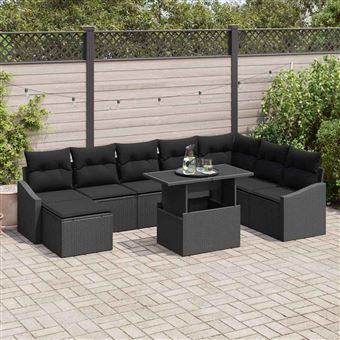 Conjunto de Sofá de Jardim com Almofada vidaXL | 9 Peças | Preto - 1