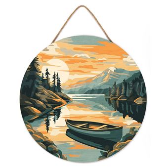 Pintar por Números Figured'Art Sobre Disco de Madeira | 30cm | Lago de Montanha E Canoa - 1