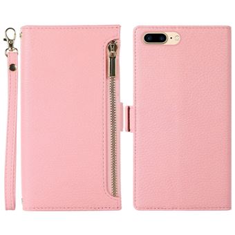 Capa PU à prova de choque, textura de lichia com bolso com fecho de correr e alça Magunivers para iPhone 6 Plus/6s Plus/7 Plus/8 Plus 5.5'' - rosa - 1