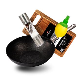 Kit Master Swiss Wok Antiaderente + Moinho Duplo + Tábua Acácia + Spray Limão | Alumínio | Madeira Acácia | Plástico - 1