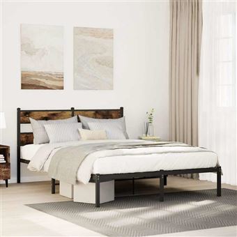Estrutura de cama sem colchão vidaXL | 135x190 cm | metal carvalho fumado - 1