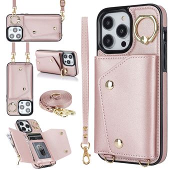 Capa de Couro com Alça de Mão e Correa QT419 V-REEL para iPhone 17 Pro - Rosa - 1