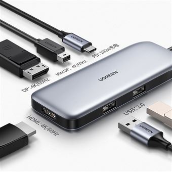 Adaptador UGREEN 80865 CM384 6 em 1 | Type-C a HUB PD100W HDMI/DP/MiniDP 4K60Hz 2USB2.0 para HUAWEI Mate40/P50 Samsung S20 - 1