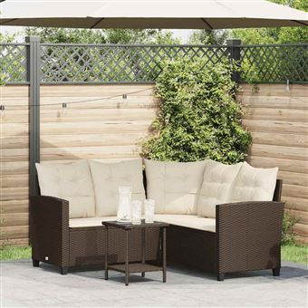 Sofá de jardim em forma de L vidaXL com mesa e almofadões | vime PE castanho - 1