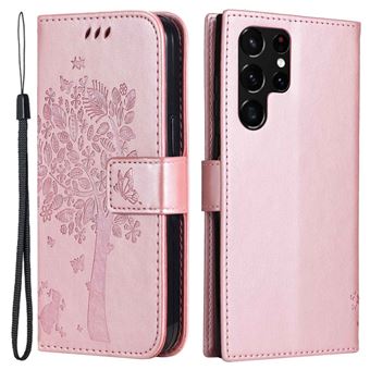 Capa PU desenho de gato e árvore, magnético com suporte e alça Magunivers para Samsung Galaxy S23 Ultra - ouro rosa - 1