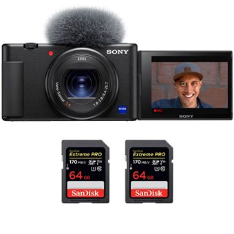 Máquina Fotográfica Sony ZV-1 preto + 2 SanDisk 64GB Extreme PRO UHS-I SDXC 170 MB/s + PDF 15 técnicas para melhorar as suas fotografias - 1
