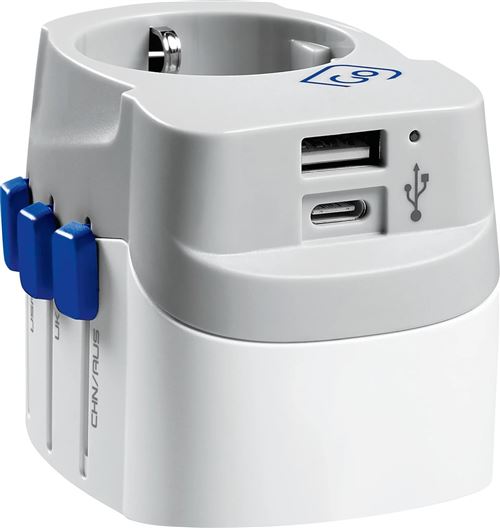 Adaptador Tomada Go Travel EU / Mundial com USB/USB-C - Branco / Azul