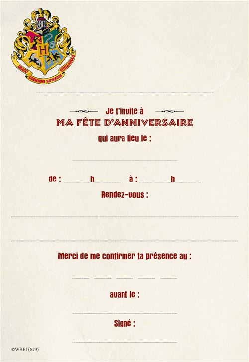 carte d'invitation anniversaire Harry Potter Français
