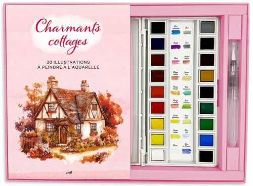 Coffret Aquarelle - Charmants Cottages - 30 illustrations à peindre Un carnet avec des feuilles détachables, une palette de 18 couleurs et un pinceau réservoir -  Collectif - Merci Les Livres - Coffret - Livre-jeu