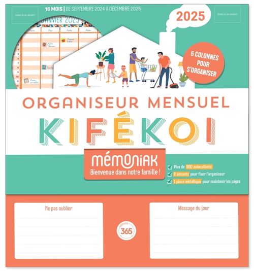 Organiseur Mémoniak Kifékoi, calendrier mensuel en colonnes (sept. 2024- déc. 2025)