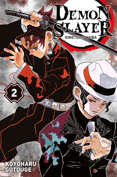 Couverture française de Demon Slayer tome 2, édition Panini 2019, avec Tanjiro et un personnage au chapeau blanc.