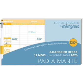 Calendrier hebdomadaire janvier-décembre 2026 - Pad aimanté avec stylo 4 couleurs - 1