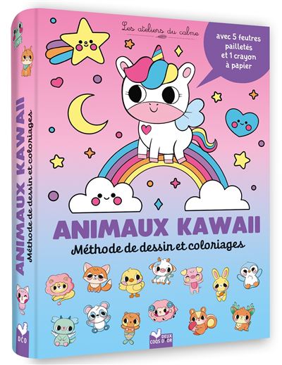 Animaux kawaii - Méthode de dessin et coloriages - pochette 5 feutres pailletés et 1 crayon à papier - Luli Bunny - Deux Coqs D'or - Boîte ou accessoire - Jeux livres objets - Deux Coqs D'or