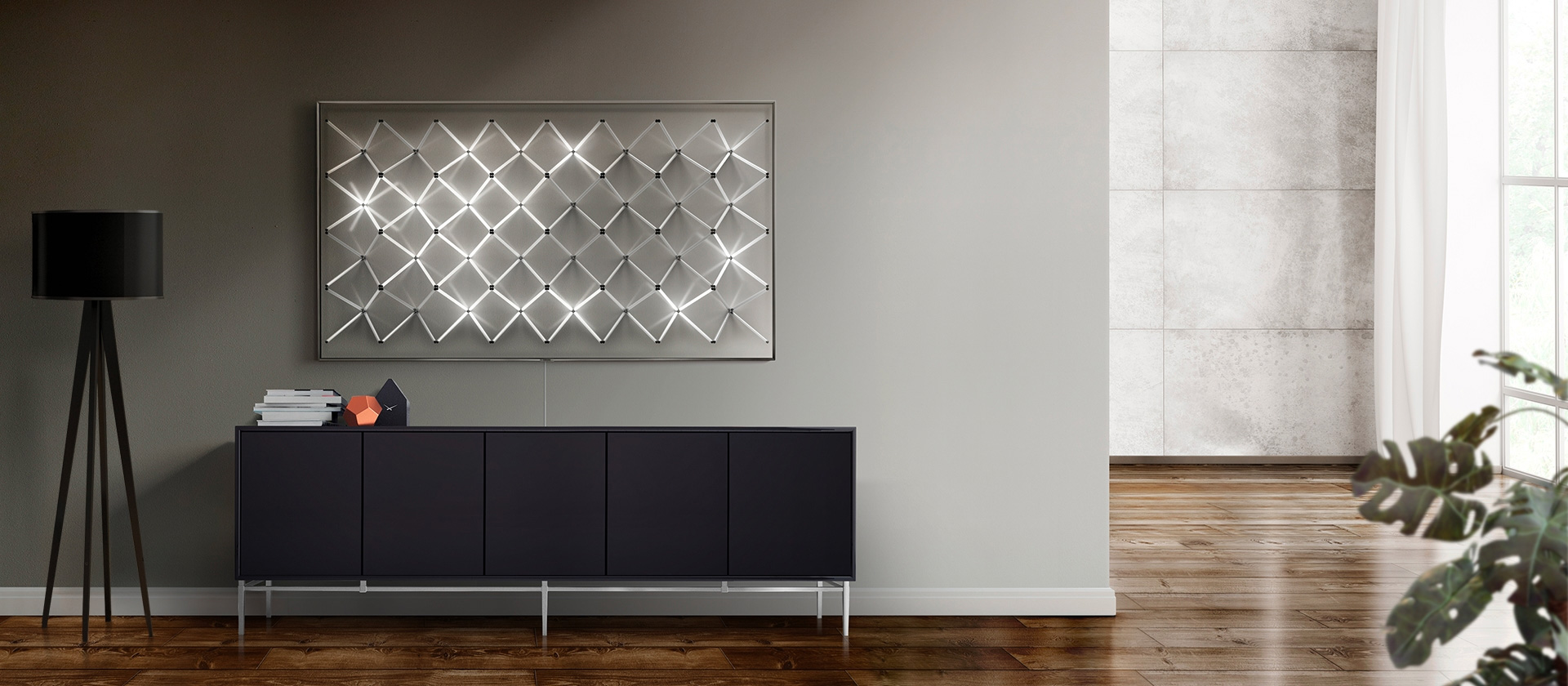 O Modo Ambiente da nova Samsung QLED TV apresenta novos conteúdos num padrão de grelha de luz, de forma a oferecer um elemento que encaixe com a decoração de parede na sala de estar.