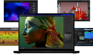 Différents contenus colorés affichés à l’écran dans des apps de production musicale, de montage vidéo, d’animation 3D et de retouche photo sur Mac, illustrant les puissantes performances graphiques