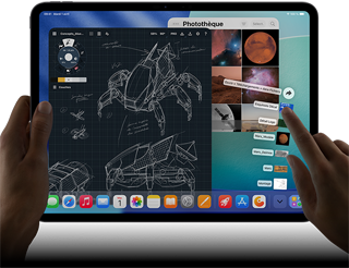 iPad Pro, noir sidéral, main gauche tenant l’appareil, main droite montrant un geste de pointage pour manipuler plusieurs fenêtres d’apps ouvertes, une app de dessin avec des croquis de designs mécaniques, une photothèque montrant des images de planètes et de l’espace, des fichiers en éventail dans le dossier Téléchargements