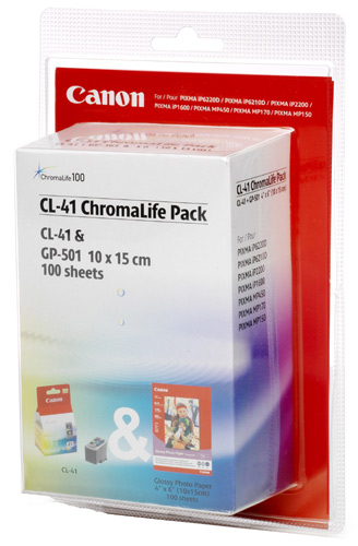 Canon CL-41 ChromaLife Pack - Couleur (cyan, magenta, jaune) - 101.6 x  152.4 mm réservoir d'encre/kit papiers - pour PIXMA iP1800, iP1900, iP2500,  iP2600, MP140, MP190, MP210, MP220, MP470, MX300, MX310 