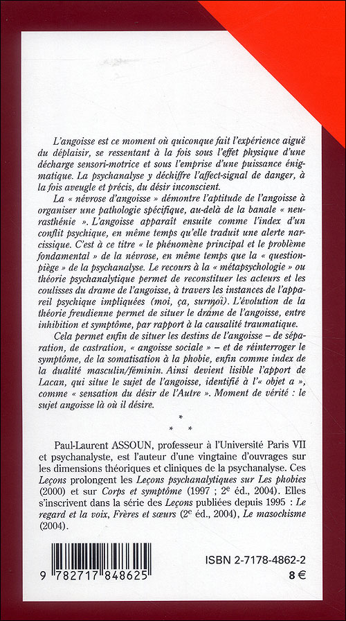 Lecons Psychanalytiques Sur L Angoisse Poche Paul Laurent Assoun Achat Livre Fnac